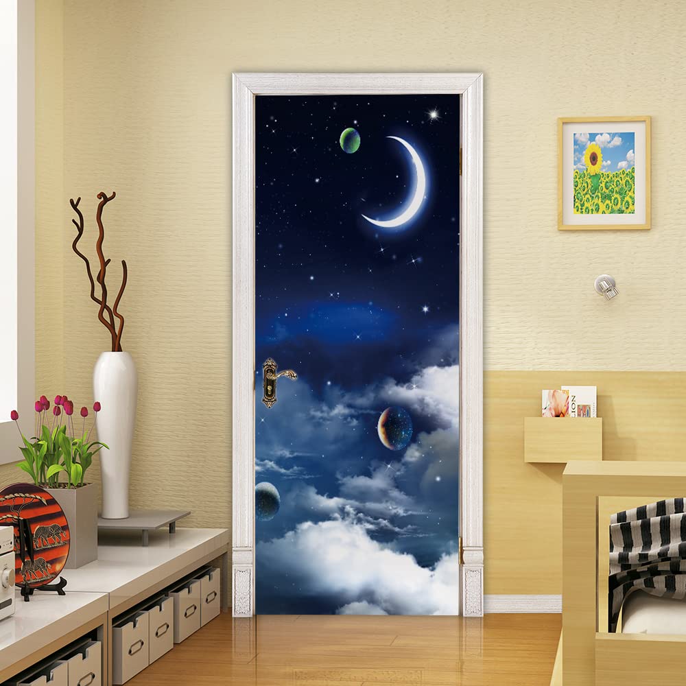 3d Stickers Porte Porte Scène lunaire de nuit noire Auto-AdhéSif Murale DéCoration De La Maison Stickers Muraux Chambre Salon Affiche Amovible Art Autocollants L90 x H210cm