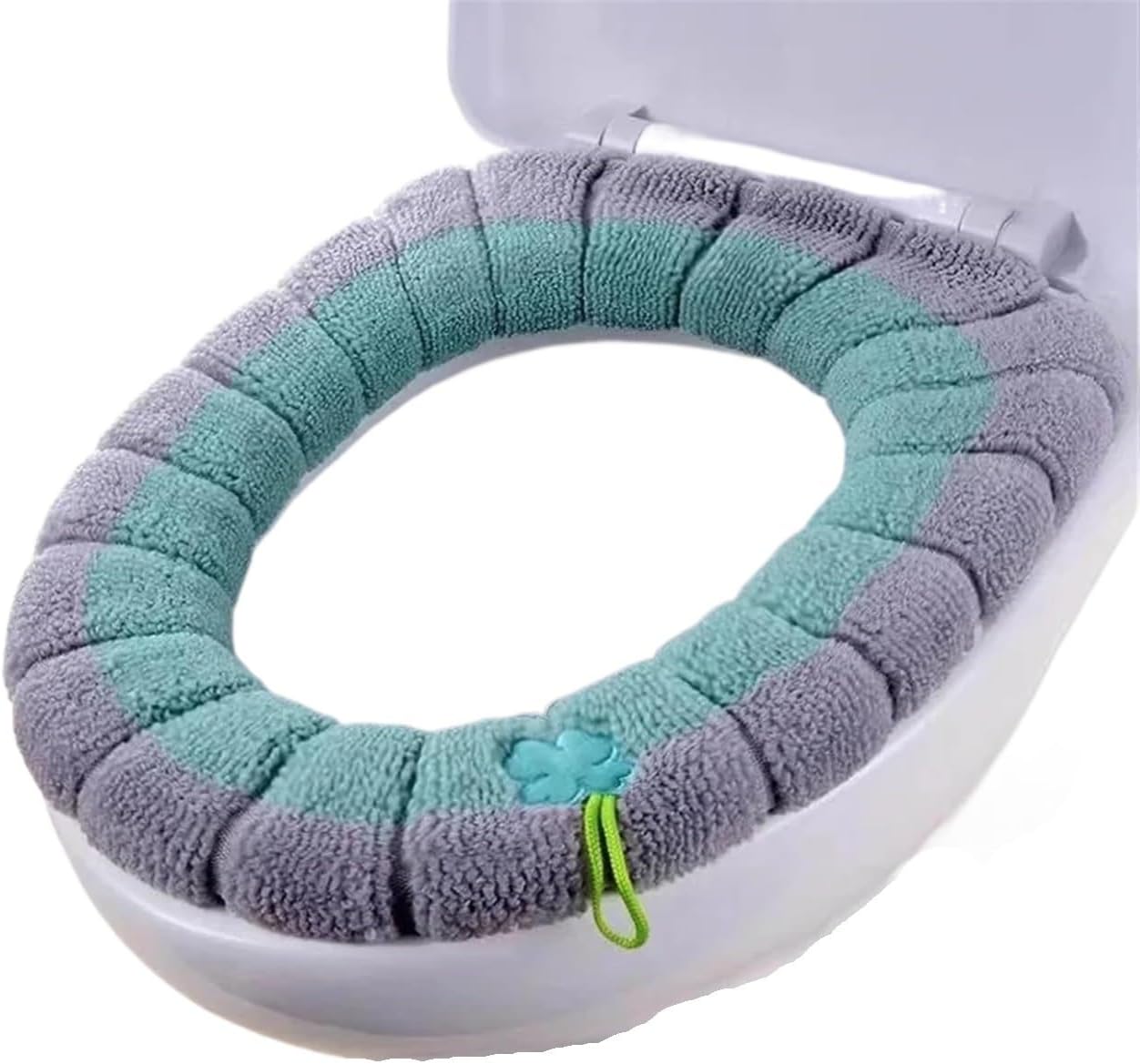 2 Pack Toilet Seat Cover with Handle, Soft and Thick Winter Bathroom Mat, Washable Closestool Warmer Pad for Commode (Green Grey)