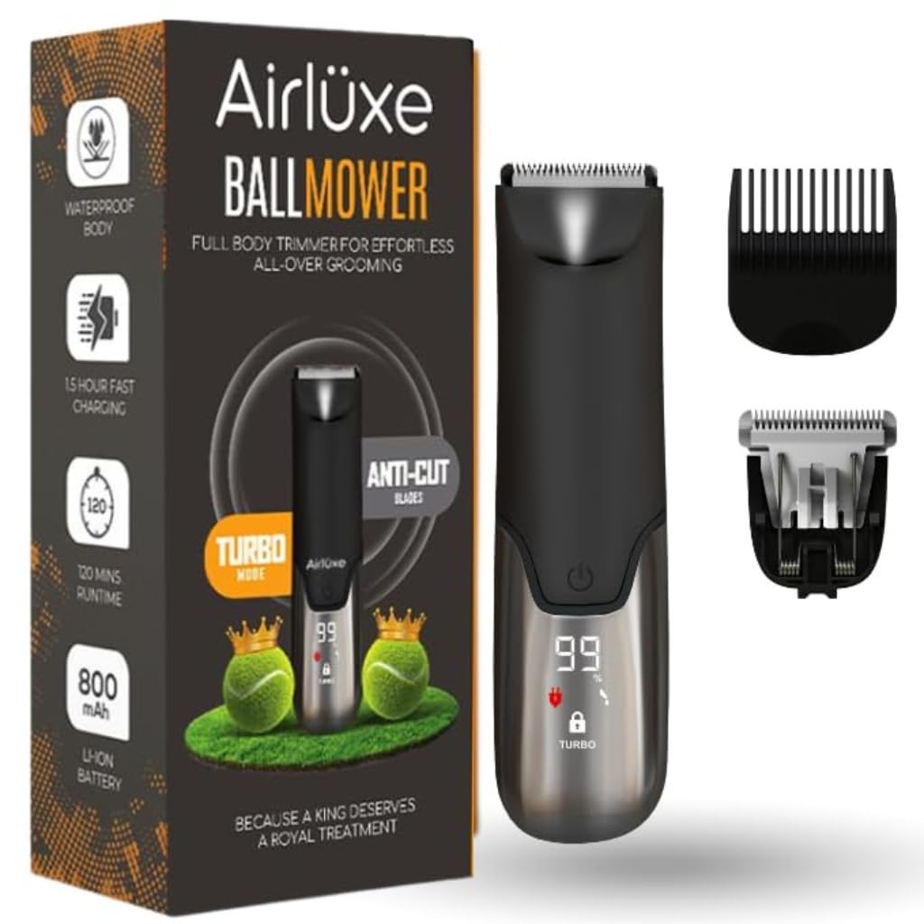 Airluxe BallMowerUV Trimmer for Men | UV Sterilizer | Beard, Body & Private Parts Groomer | IPX7 Waterproof | No Nicks or Cuts | 120 Min Runtime | Fast Charging | Dock & LED Display
