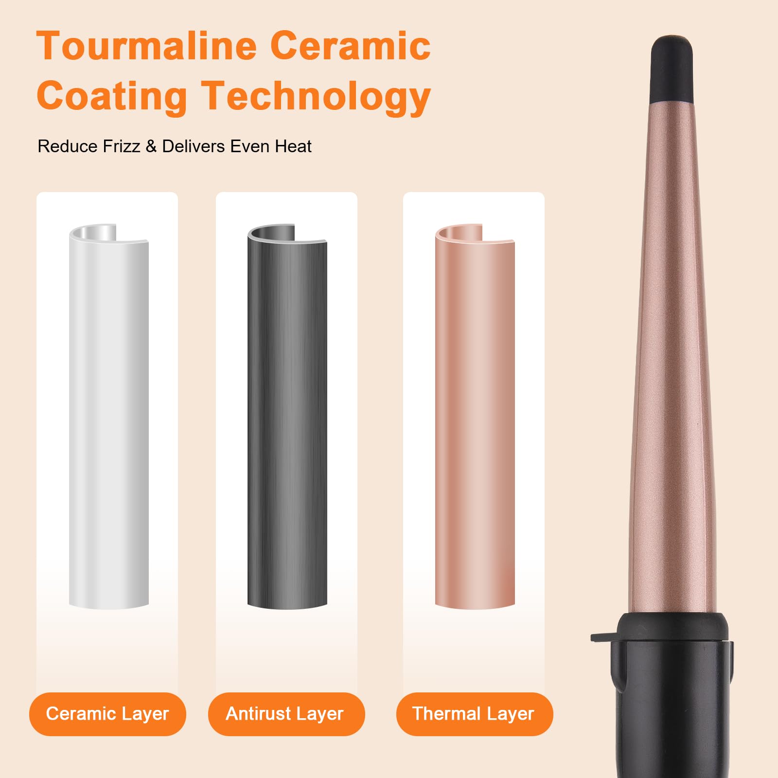 Tapered Curling Wand 13-25mm Tourmaline Ceramic Barrel Professional Hair Curling Wand for Short Medium Long Hair Two Temperature Settings Dual Voltage Auto Shut-Off - Image 3