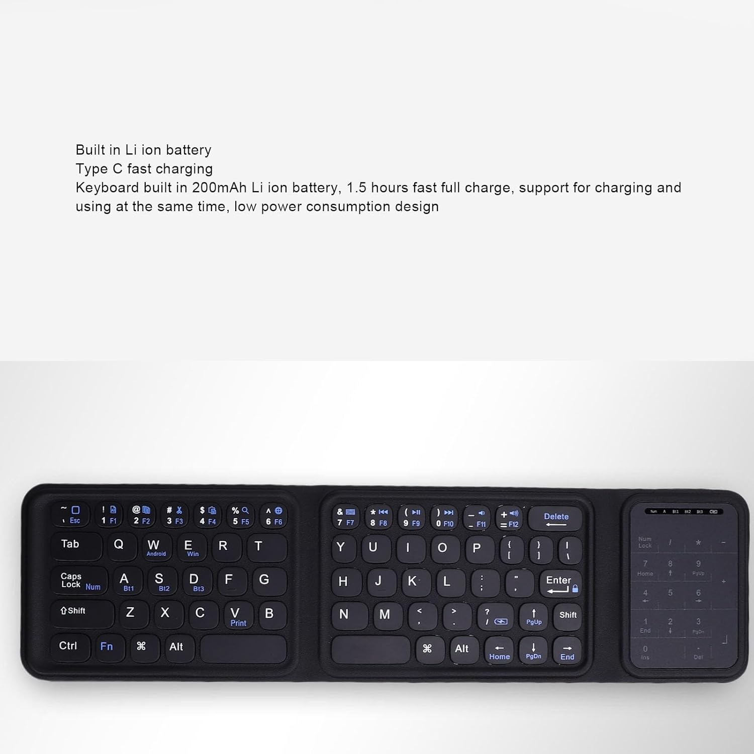 Diydeg Foldable Keyboard with text about built-in Li-ion battery and Type-C fast charging