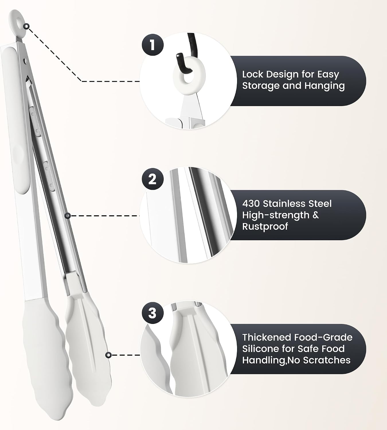 12-Inch Stainless Steel Kitchen Tongs with Silicone Tips, White