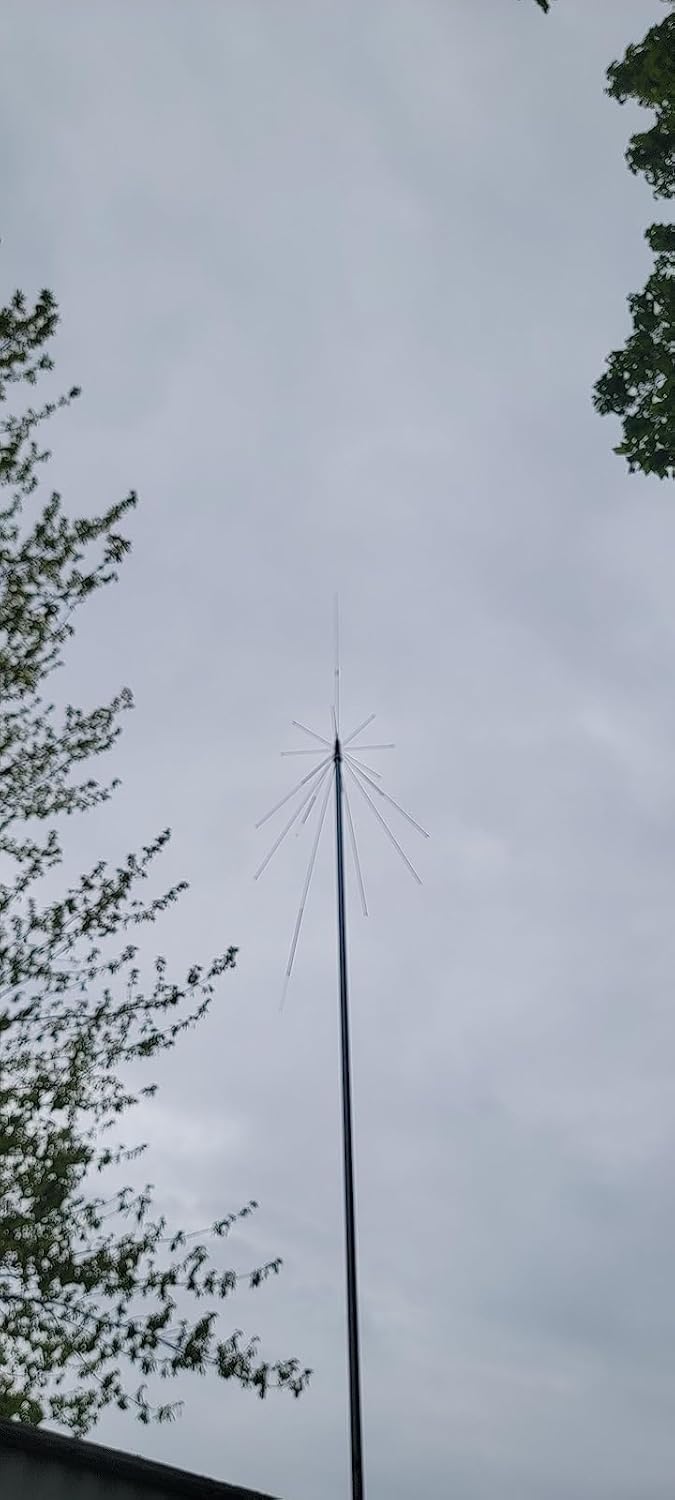 A SIGNALPLUS Discone Antenna mounted vertically on a pole against a cloudy sky, with trees in the background.