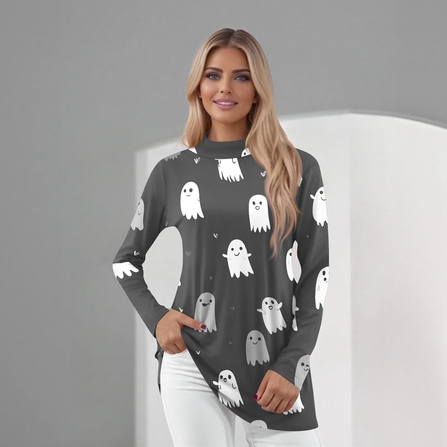 Women Halloween Fall Long Sleeve Mock Neck Ghost Graphic Shirts | Dressy Summer Tops for Women, Graphic Tshirt, Womens Summer Tees, Halloween Costume for Women, Playeras Para
