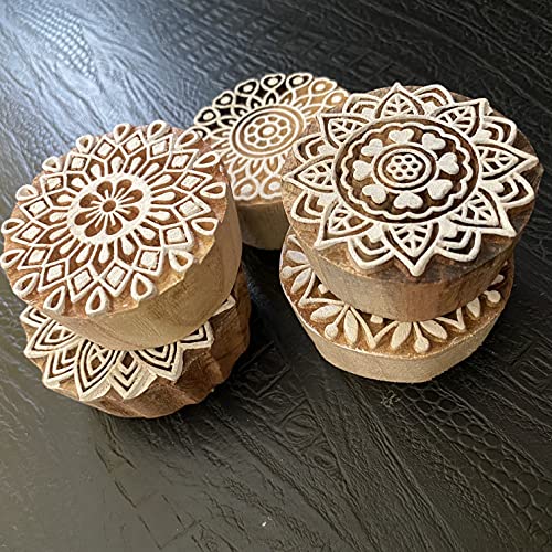 Annafi® Traditional Mehendi Pattern Mandala And Round Wood Block Stamps (Set Of 5) | Round Wooden Printing Block Stamp - Diy Henna Fabric Textile Paper Clay Pottery Block Printing Stamp #TOP1