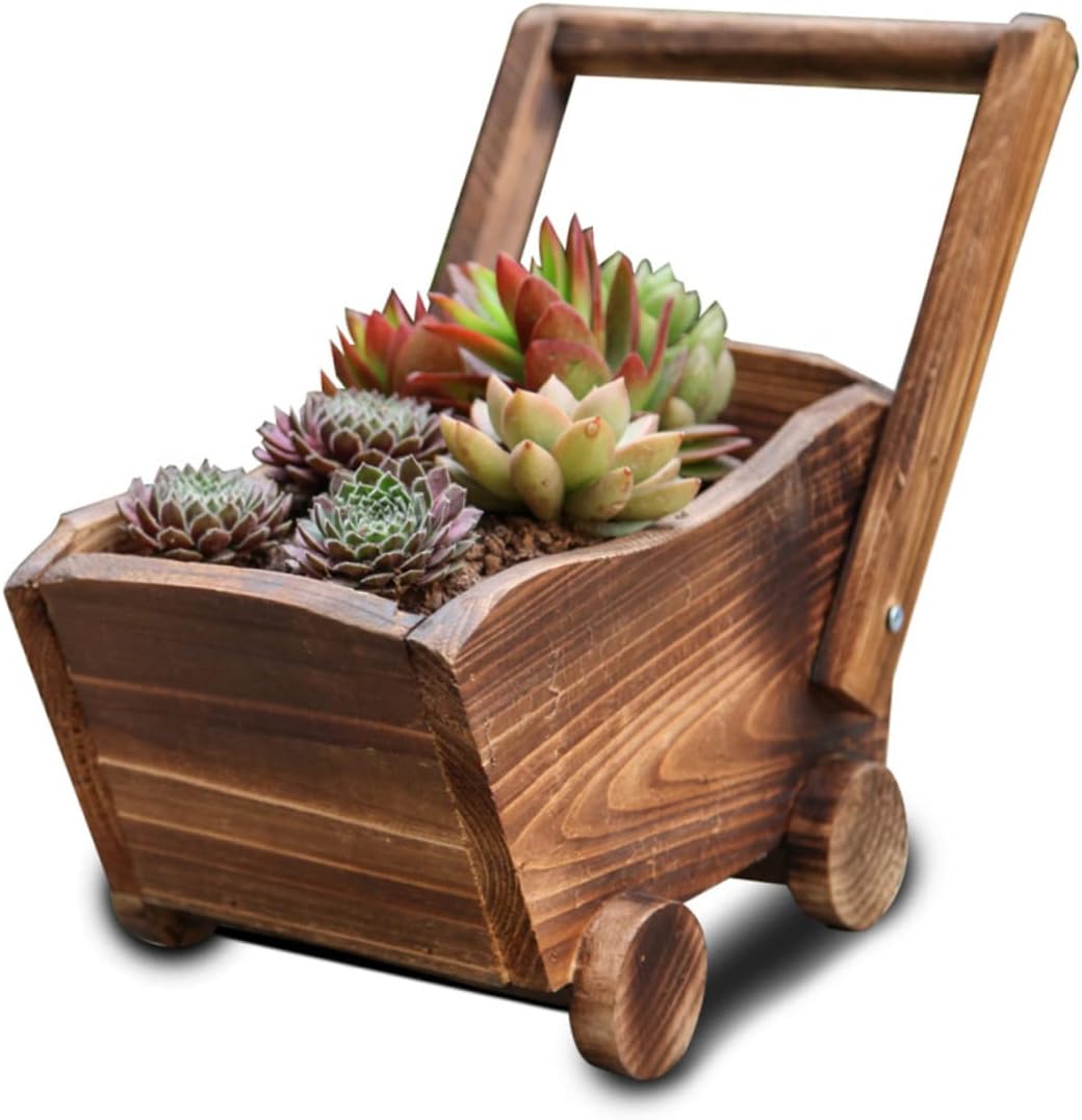 Mipcase Cartoon Cart Flower Pot for Succulents Natural Carbonized Imitation Wood Nursery Basin with Drainage Decorative Planter for Home and Garden