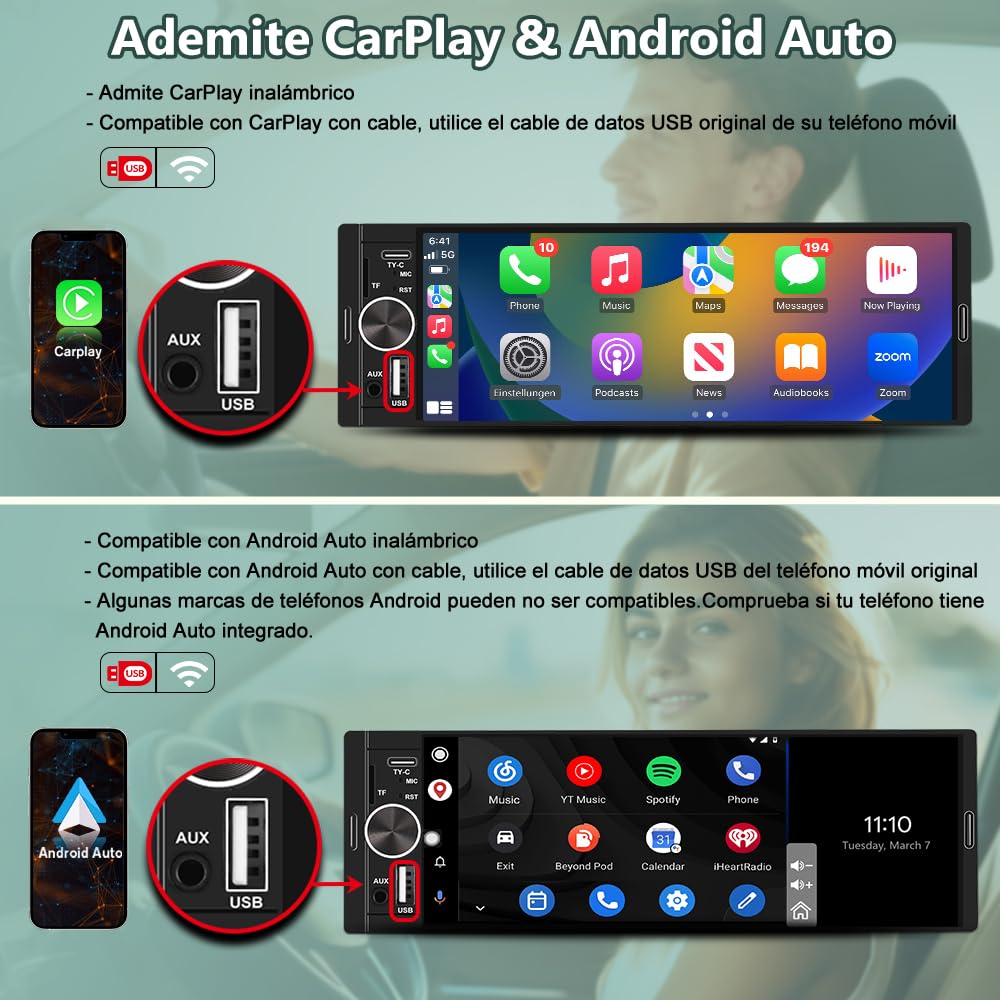 Junsun Radio Coche 1 DIN con CarPlay y Android Auto Inalámbrico, Autoradio con Pantalla Táctil de 6,36" y Cámara Trasera, Admite Bluetooth, FM, USB, TF, DSP y Mandos al Volante