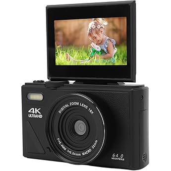 Digital Camera 4K Video Recorder 64MP Digital Compact Camera with 4K UHD Video 18x Zoom Auto Focus for Travel Vlogging Black