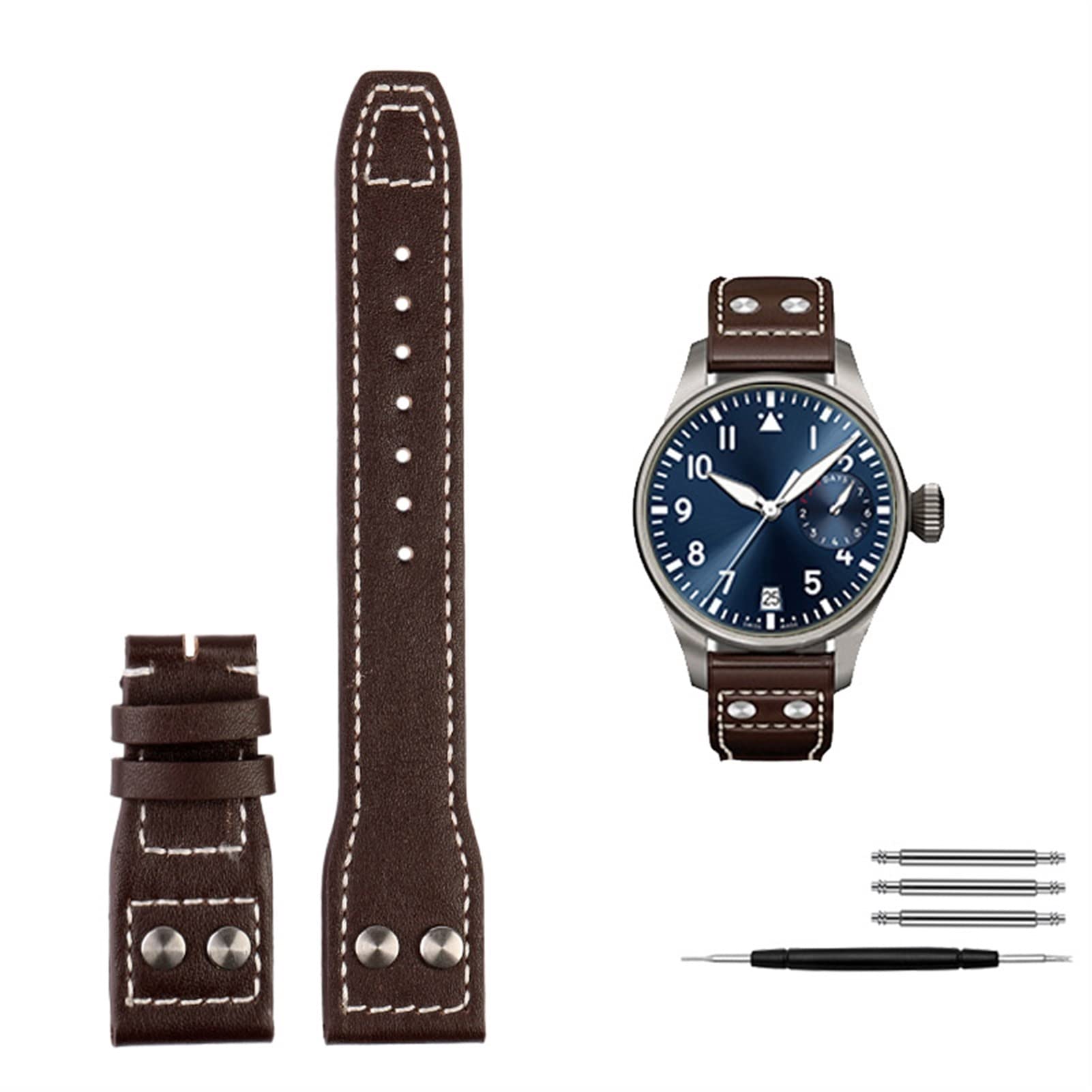 Bracelet de montre en cuir IWC Big Pilot avec rivets artisanaux marron 21mm
