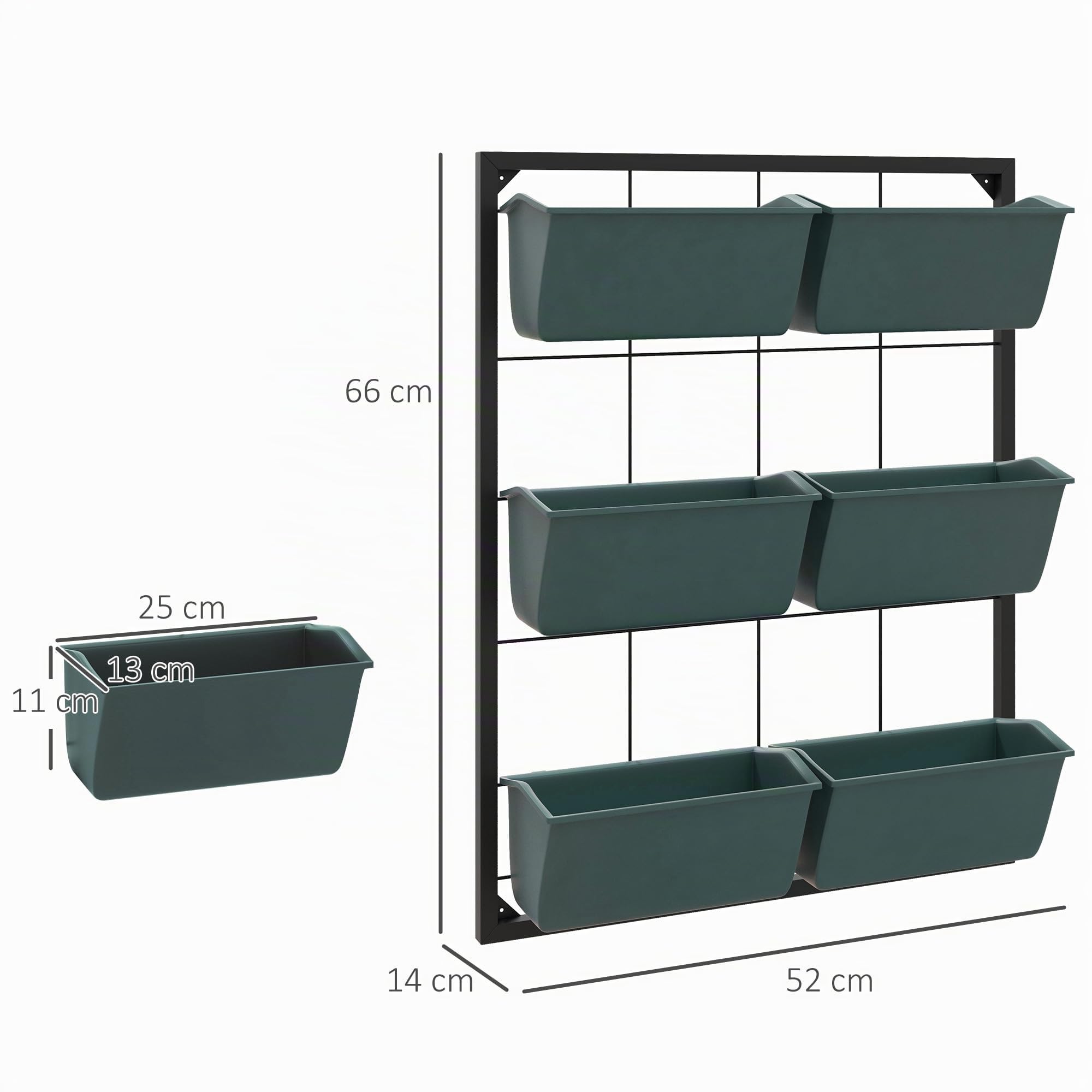 Outsunny Jardinera de Pared de 3 Niveles con 6 Macetas, Huerto Vertical de Acero y Plástico para Flores y Hierbas, Verde Oscuro