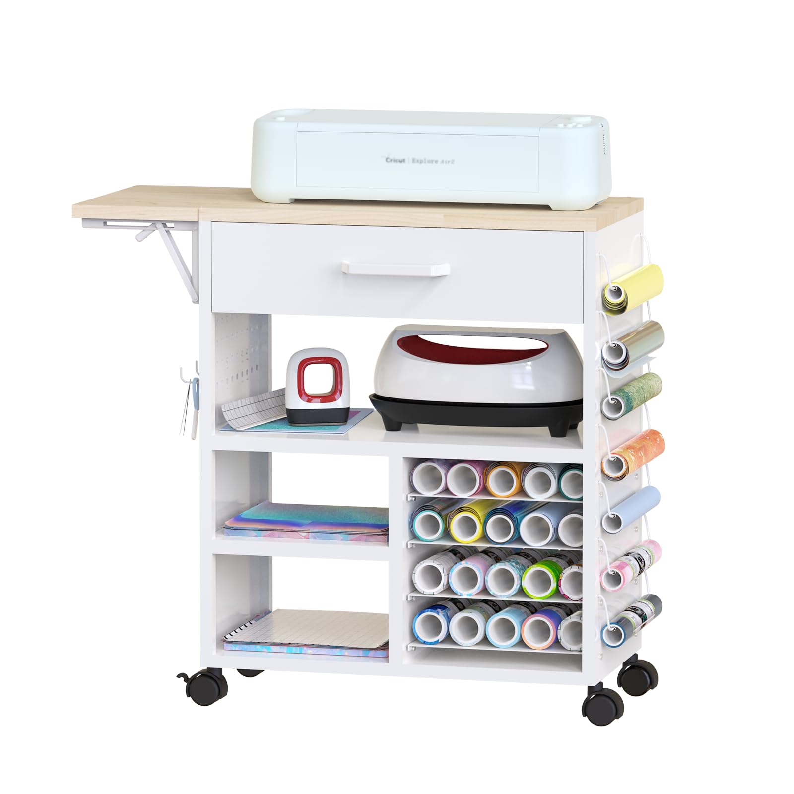 Rollwagen mit Heißpresswagen und Organizern, kompatibel mit Cricut-Maschinen, perfekte Bastelorganisation, Arbeitsplatz (weiß, 75 cm H), GYC-01