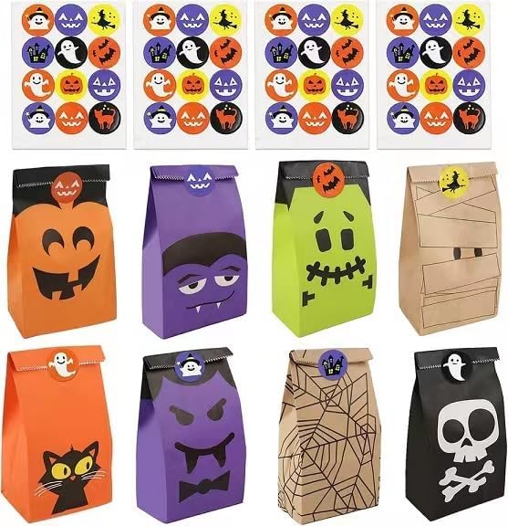 Miniatura 1 de yinupet Paquete de 40 bolsas de golosinas de Halloween, bolsas de papel para dulces de Halloween, bolsas de regalo (coloridas01)