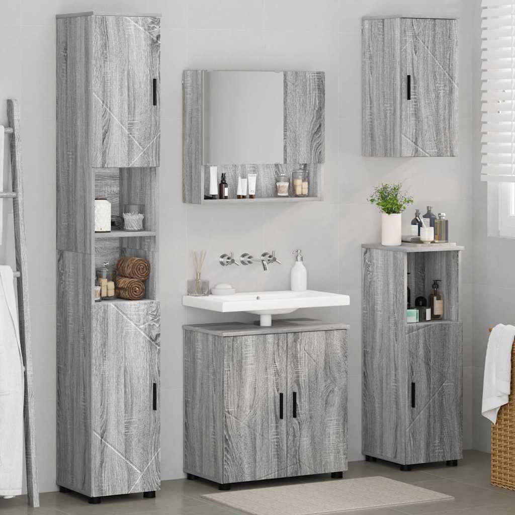Moderno juego de muebles de baño de 5 piezas, tablero de partículas Sonoma gris y acero, incluye espejo de cristal para toallas y artículos de tocador, incluye lavabo de cerámica para
