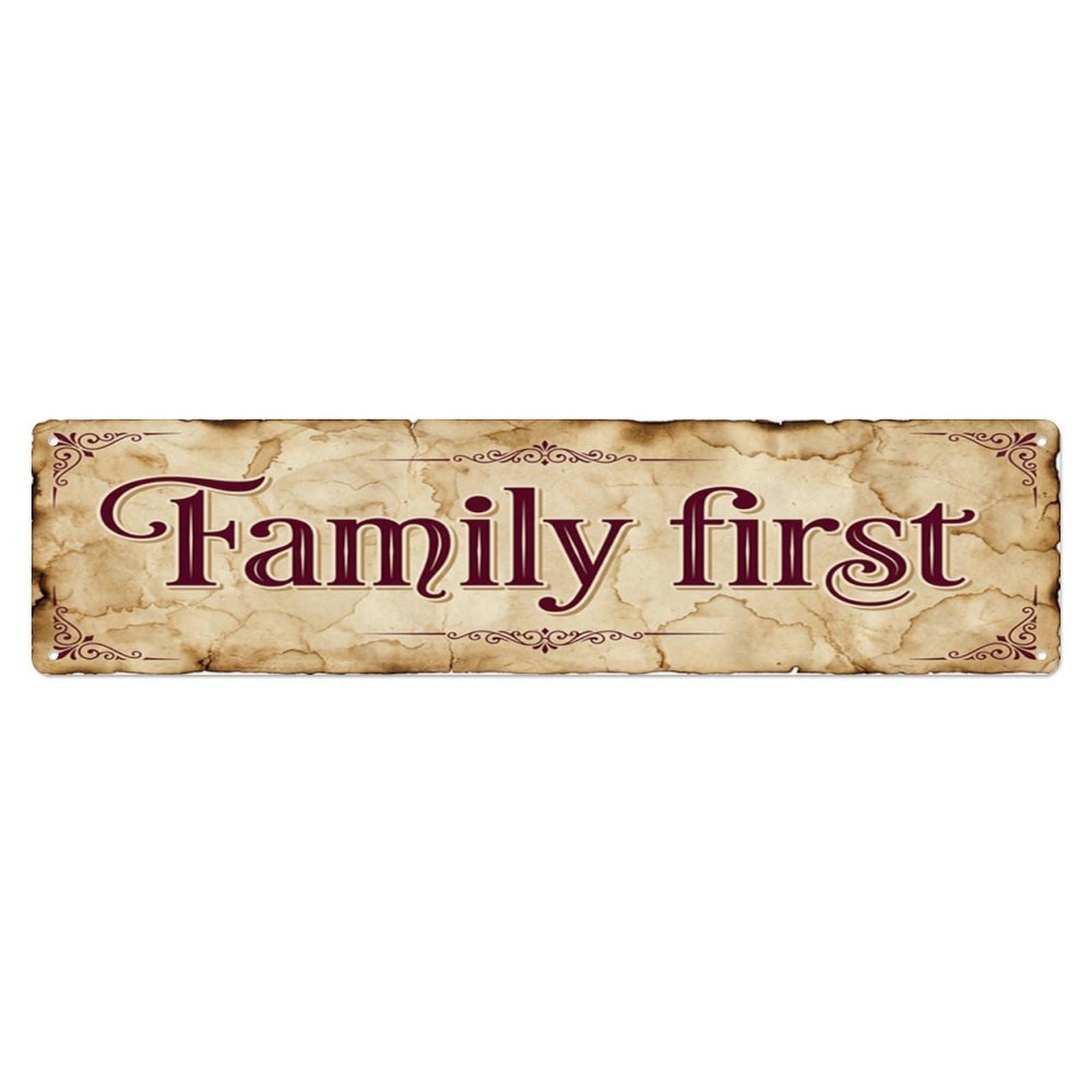 Family First Vintage Parchment Style Sign Vintage Aluminium Metal Sign, Retro Wall Decor for Home, Bar, Garage & Farmhouse 10 * 40cm