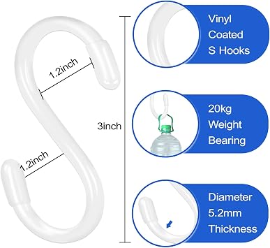 DINGEE 20 Pack Vinyl Coated S Hooks for Hanging,Heavy Duty S Hook for Hanging Plants,Non Slip 3 Inch Closet S Hooks,Steel Metal White Vinyl Coated Small Hook for Jeans Pots and Pans Coffee Cups