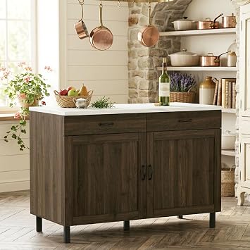 Large Kitchen Island Storage Cabinet, Bar Table with Storage Drawers and Doors, Brown Modern Stationary Center Kitchen Island, Rustic Coffee Bar Table Cabinet for Living Room, Dining Room