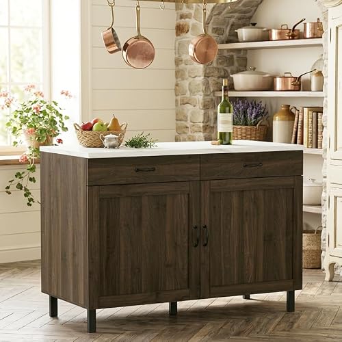 Lovinouse Large Kitchen Island Storage Cabinet, Bar Table with Storage Drawers and Doors, Brown Modern Stationary Center Kitchen Island, Rustic Coffee Bar Table Cabinet for Living Room, Dining Room