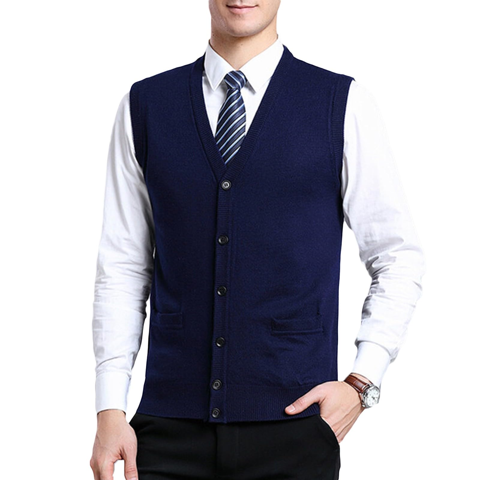 Chaleco de punto para hombre sin mangas cuello en V con botones ZUEVI 8