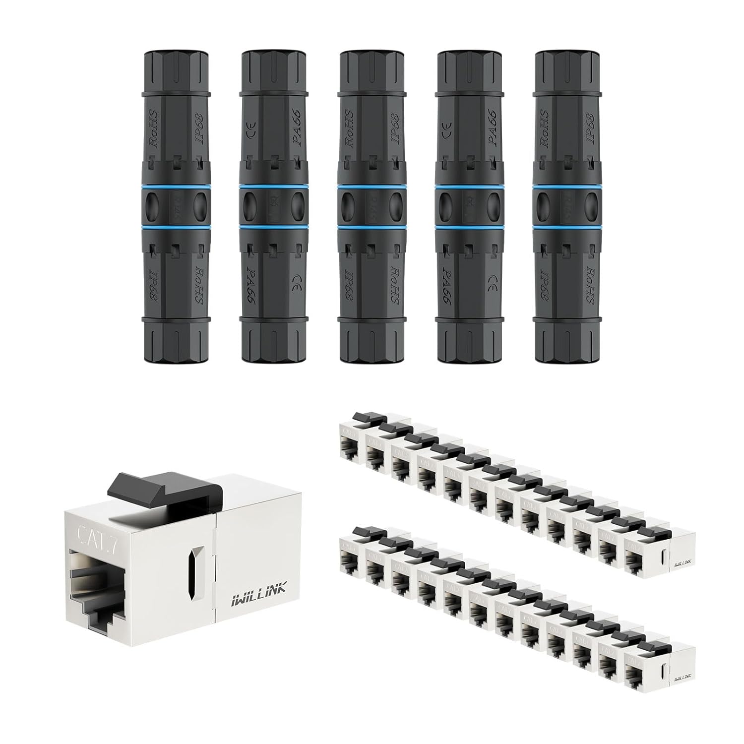 iwillink Waterproof RJ45 coupler, Shielded Female to Female Waterproof Ethernet Coupler, IP68 Ethernet Outdoor LAN Cable Connector for Cat7 Ethernet cable, (5 Pack) and CAT7 Coupler RJ45 Keystone