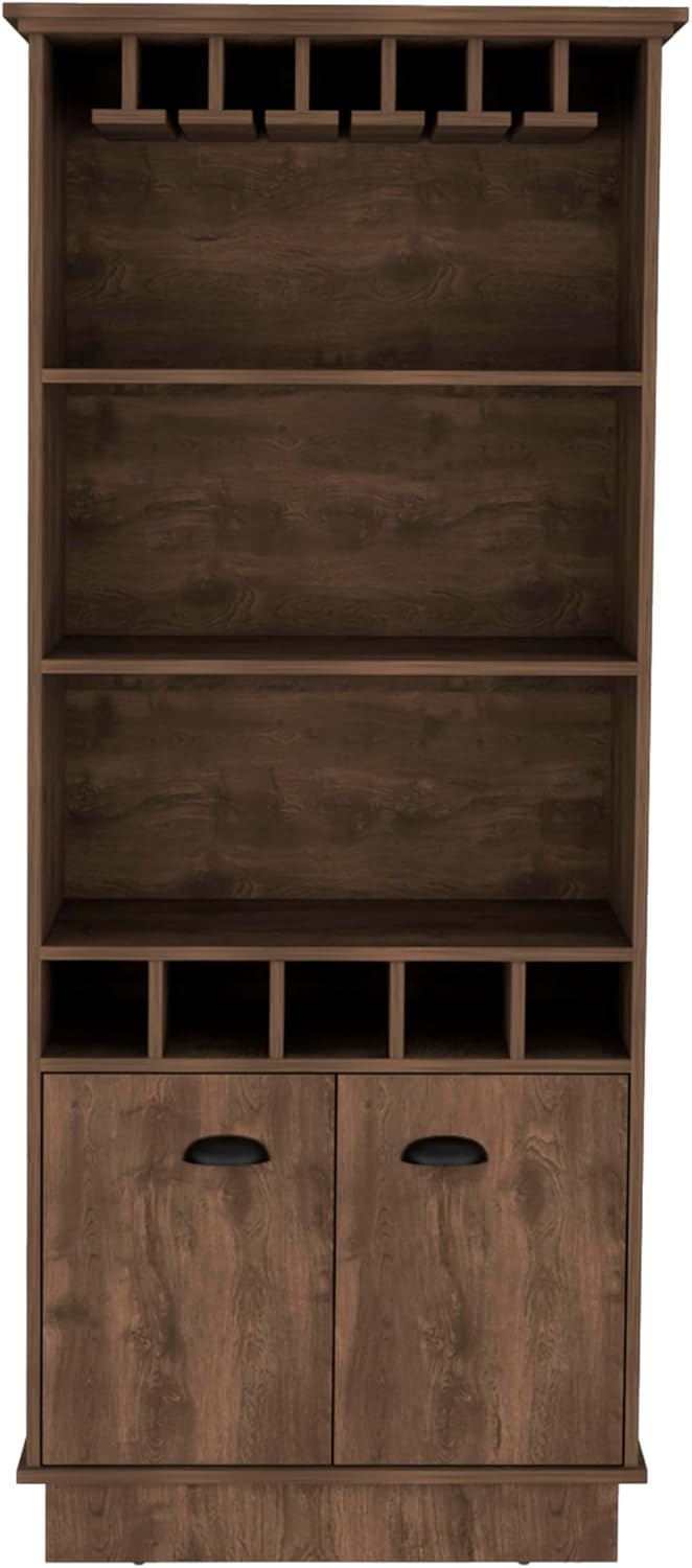 70 Inch High 10 Glass Bar Cabinet with 5 Cubbies and 3 Open Shelves and Cabinet Dark Brown