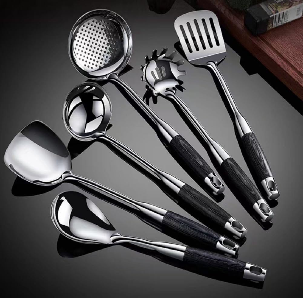 Juego de utensilios de cocina de acero inoxidable, 6 herramientas de cocina, incluyendo espátula, cuchara de sopa, volteador, servidor de pasta y pala con fugas para cocinar y servir