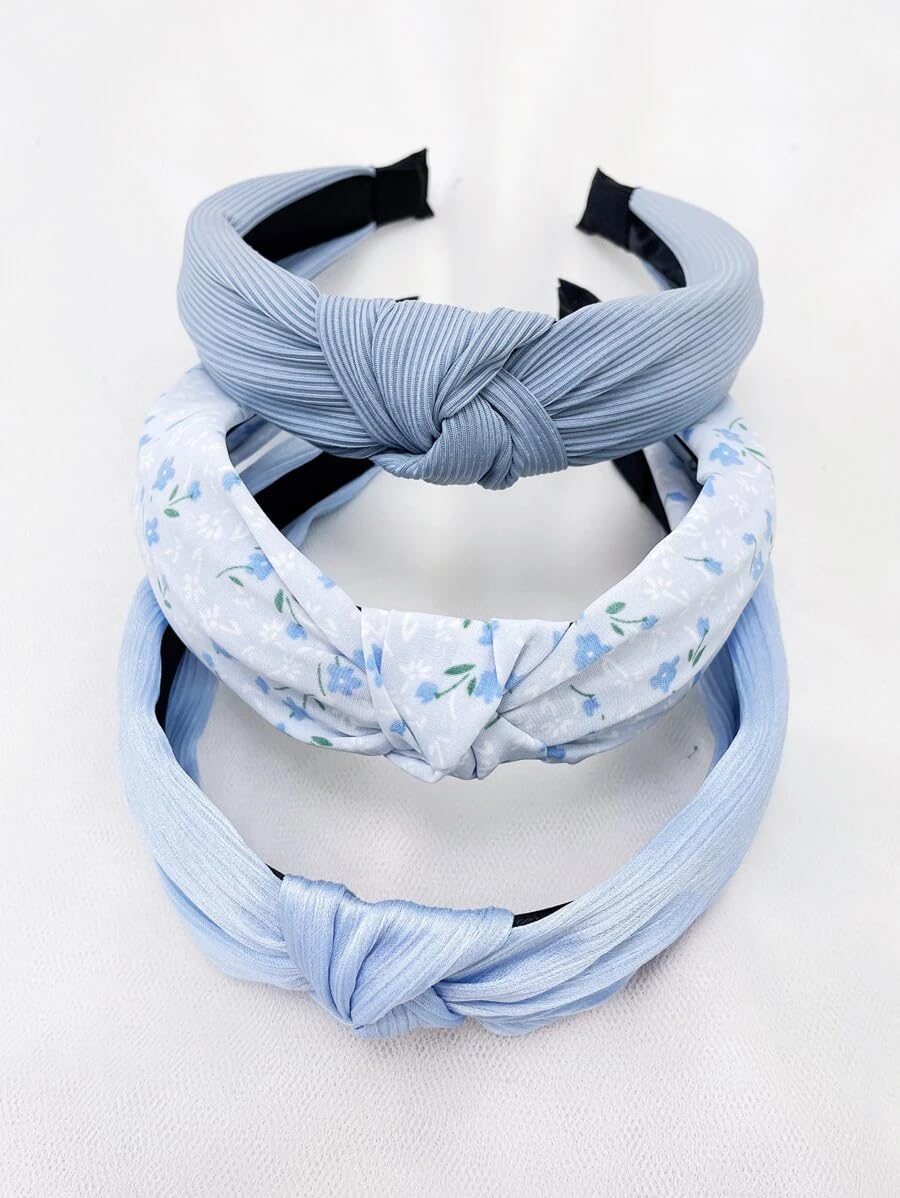 AIBFRID Lot de 3 bandeaux à nœud supérieur pour femme, bandeaux bleus noués pour femmes, bandeaux à fleurs pour printemps, été, accessoires pour cheveux mignons