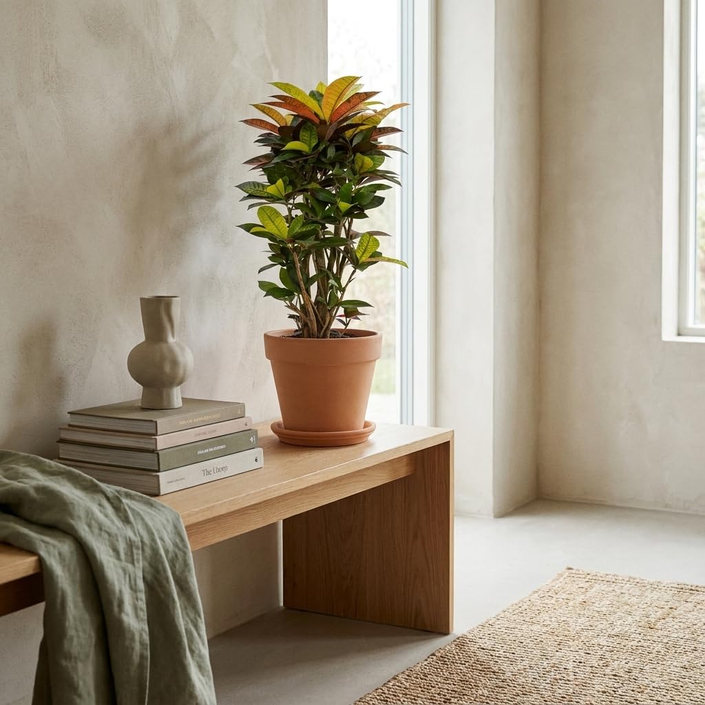 Bloomique – Codiaeum Variegatum Iceton – Kroton – Blattschmuckpflanze – Zimmerpflanze – Panaschierte Blätter in Gelb, Orange und Rot – Luftreinigend – Höhe 70–80 cm – Topf 24 cm