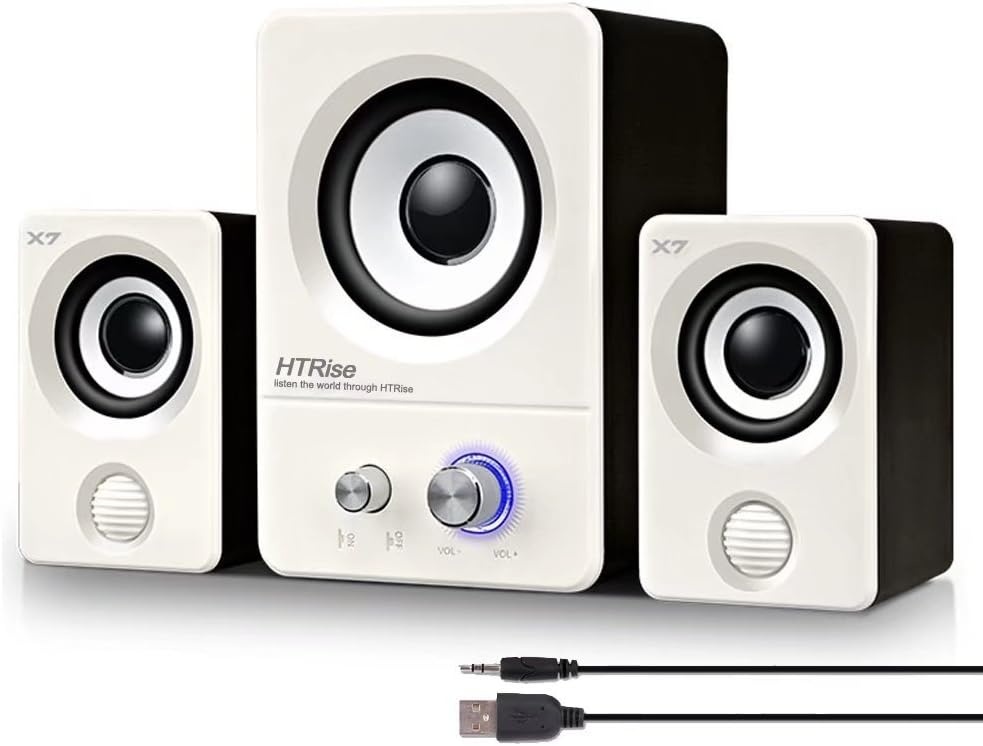 HTRise USB Powered Computer Speakers System (X7 White) for Gaming/Music/Movies, Active Multimedia Stereo Subwoofer for Laptop/Desktop/Lenovo/HP/ThinkPad/IBM/DELL/SONY/MACFEE/SAMSUNG/ACER/Microsoft/PC
