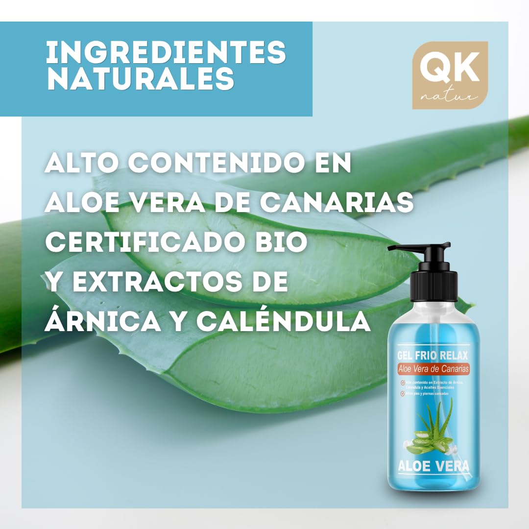 QKnatur - GEL FRIO ALOE VERA DE CANARIAS BIO - Con extracto de Arnica y Calendula. Efecto refrescante y calmante, alivia las piernas cansadas, estimula la circulación (500 ml)