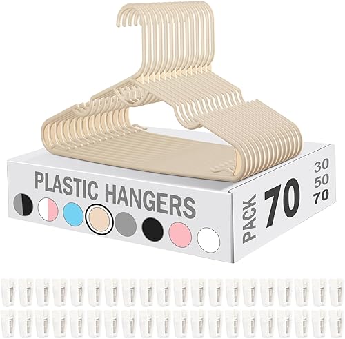 Paquete de 70 perchas de plástico resistentes con clips para adultos de 16 pulgadas que ahorran espacio, organizador de ropa, perchas para armario,