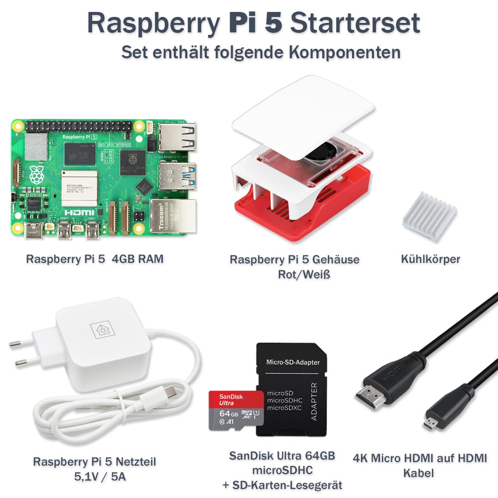 Raspberry Pi 5 4 GB Starter Kit | Alimentatore USB-C 27 W | Alloggiamento con ventola | Scheda SD da 64 GB | Cavo Micro HDMI 4K | Rosso - Bianco