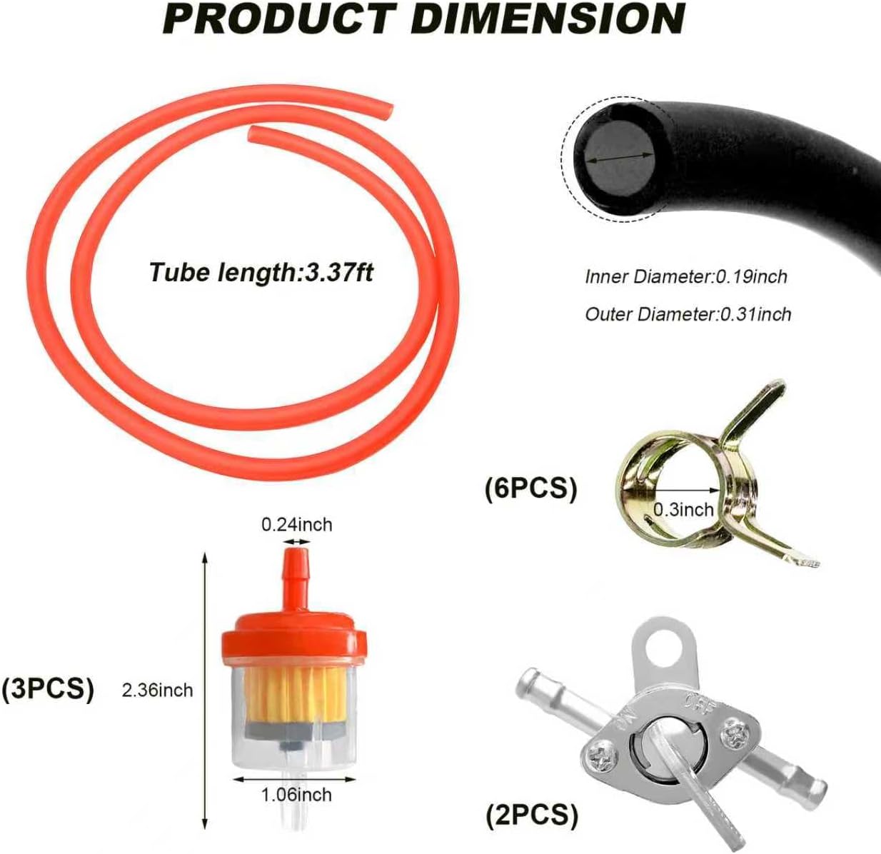 Gas Fuel Line Hose Kit, 3/16" Motorcycle Diesel Hose with Filter Shut Off Valve Clamps, Small Engines Fuel Line Hose Kit for 50/70/90/110/125/150cc Baja BA150 ATV 4 Wheeler (Red)