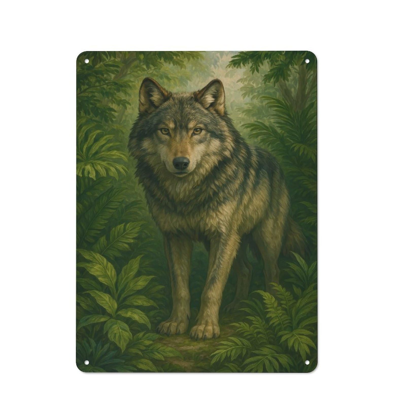 Junmoney Style-18 Retro Metal Wall Sign 40X30cm Featuring Wolf In Lush Green Forest For Garage Wall, For Garage, Workshop And Man Cave Decoration