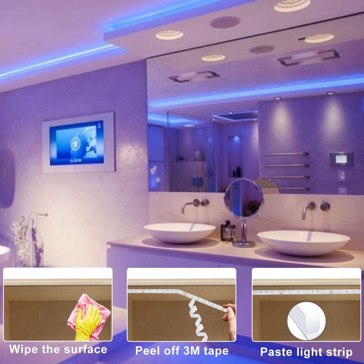 AZIMOM 16.4ft LED Strip Lights for Bedroom Tape Light Music Sync Bluetooth 5050 RGB Waterproof Timing Color Changing APP Remote Control led Lights for Bedroom Home kitchen Party Lighting Decoration