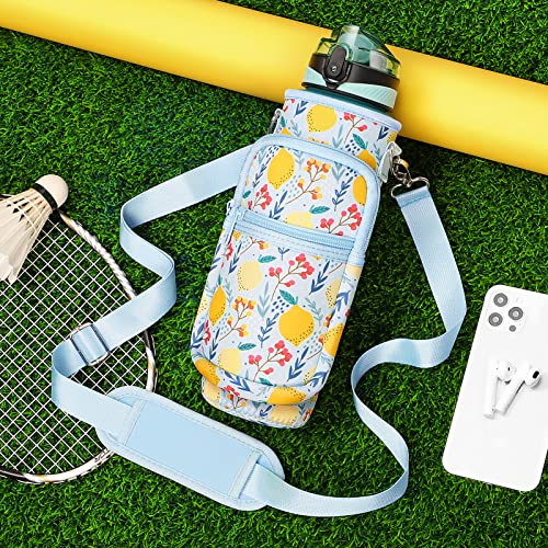 Fimibuke 32 Oz Water Bottle With Sleeve - Bpa Free Leakproof Sport Large 1L Plastic Motivational Water Bottle With Straw Strap Insulated Neoprene Holder Carrier Bag For Kid Women Men(A10.Lemon) #TOP4