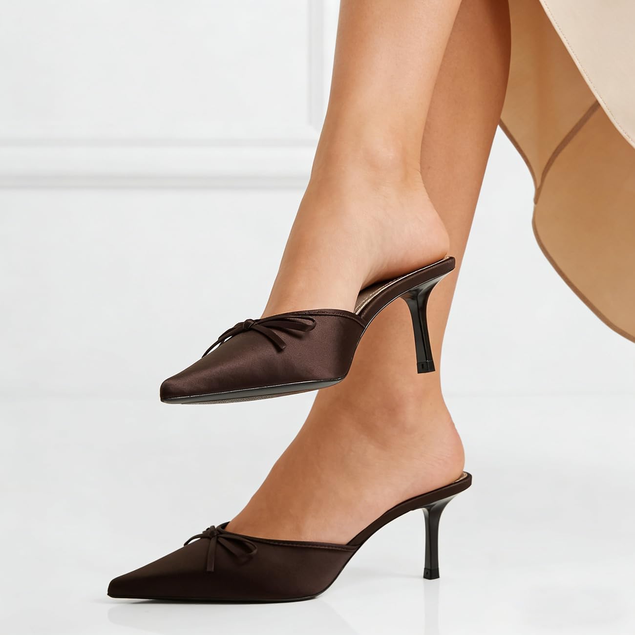 UFEDO Kitten Heel Bow Mules for Women Slip On Mules Backless Low Heel Pumps