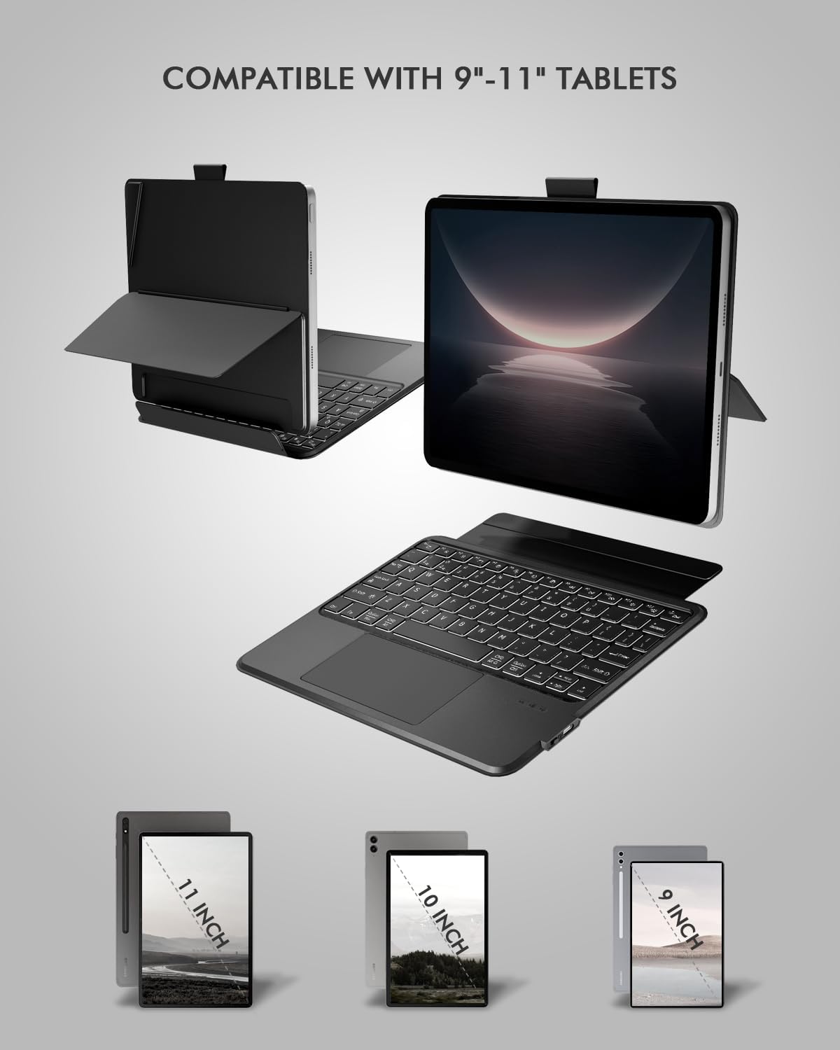 Universal Keyboard Case for 9-11 Inch Tablets, Dual Bluetooth Detachable Keyboard for Android Tablets/iPads/Galaxy Tabs, Magnetic Backlit Keyboard with Washable Adhesive Mount&Any-Angle Stand&Trackpad - Image 2