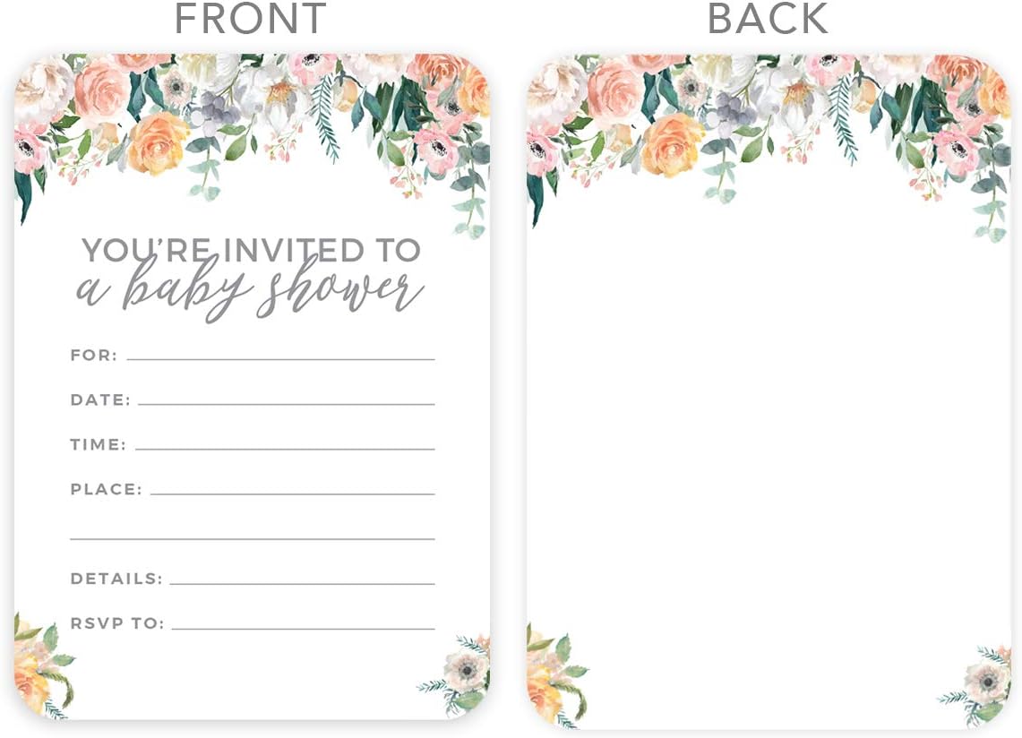 Andaz Press Peach Coral Floral Garden Party Baby Shower Collection, Blank Invitations with Envelopes, 20-Pack, Games Activities and Decorations