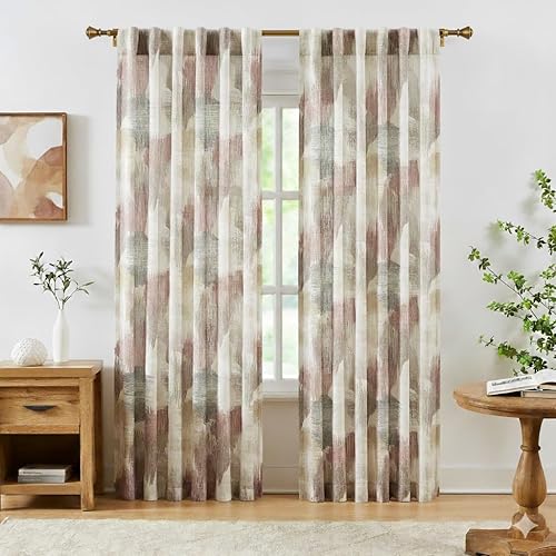 Kayne Studio Red Brown Watercolor Semi Sheer Curtain Panels, Boho Ink Geo Print Light Filtering Farmhouse Drapes for Living Room Bedroom, Back Tab Rod Pocket Window Treatment Set,W52 x L63,2 Panels