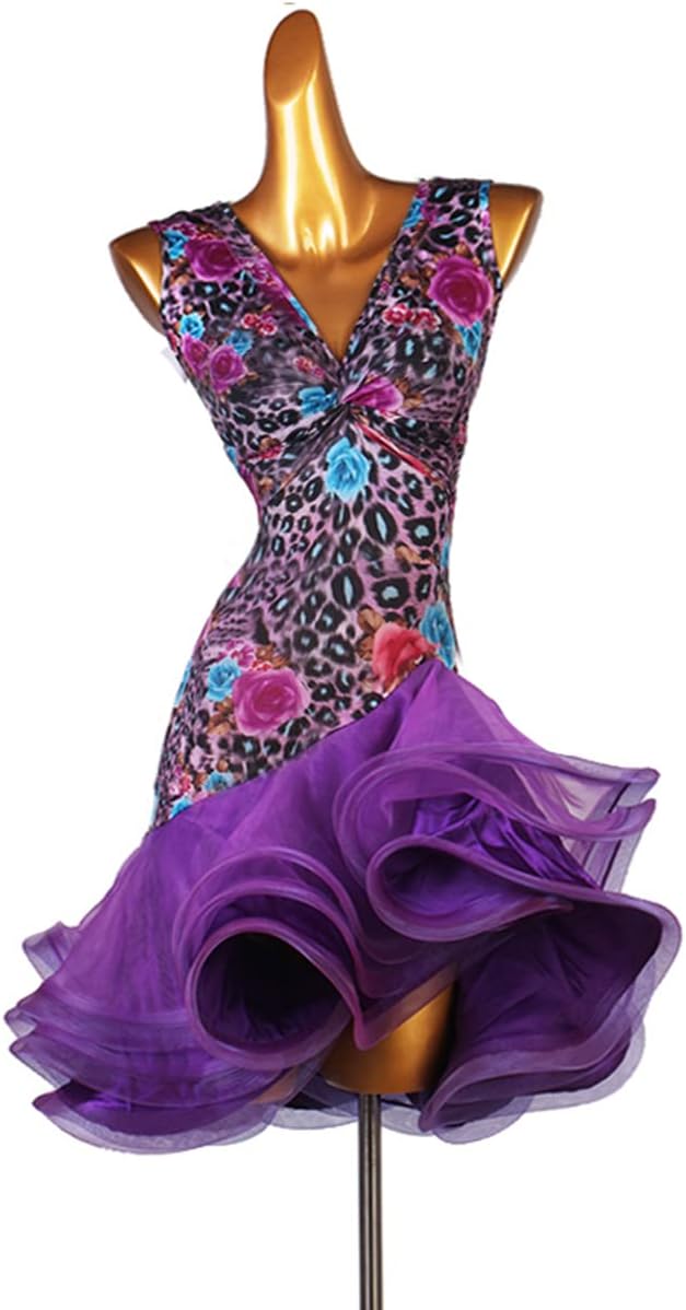 Women Leopard Latin Dance Dresses V Neck Backless Latin Competition Dress Ballroom Salsa Samba Fishbone Skirt