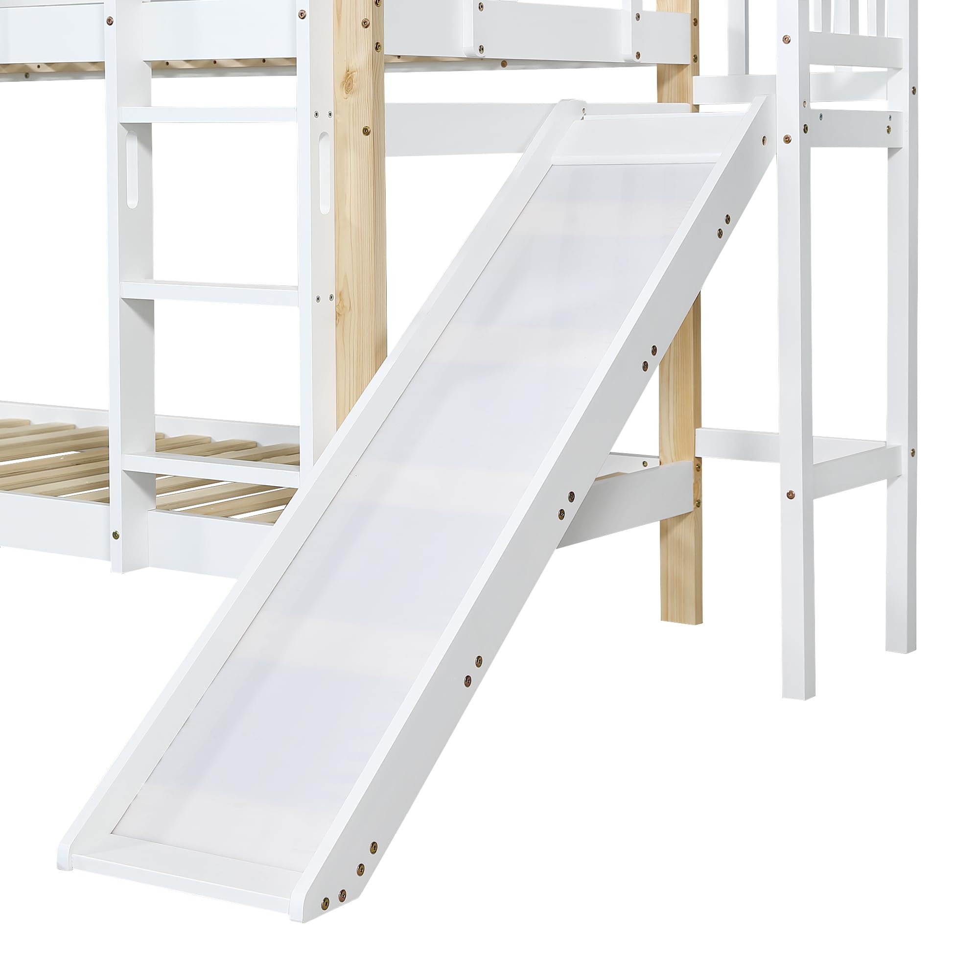 Moimhear Litera con tobogán y escalera angular de tres niveles, cama con protección contra caídas, cuna, marco de cama de madera maciza, color blanco y natural, 90 x 200 cm
