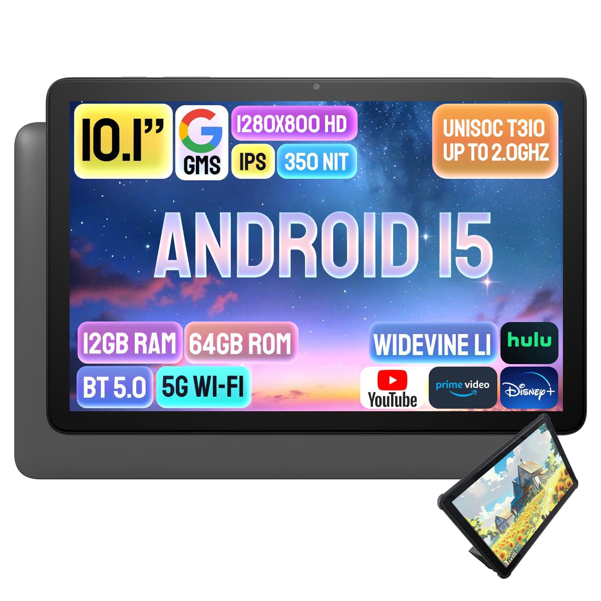 Android 15 Tablet 10 inch, 12GB RAM, 64GB ROM, 1TB Expandable, 10.1" HD IPS 1280x800, 5MP+5MP Camera, 5G WiFi+BT5.0+GPS+GMS, Parental Control, with Headphone Jack