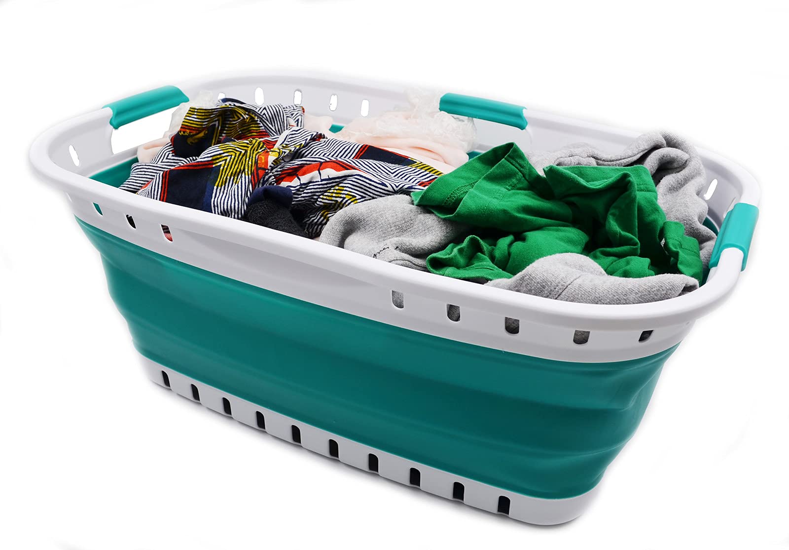 SAMMART Cesta plegable de plástico para la colada de 44 litros, plegable, organizador de almacenamiento, lavadero portátil (1, blanco/azulado-verde), Talla: 64,5 x 44 x 26 cm