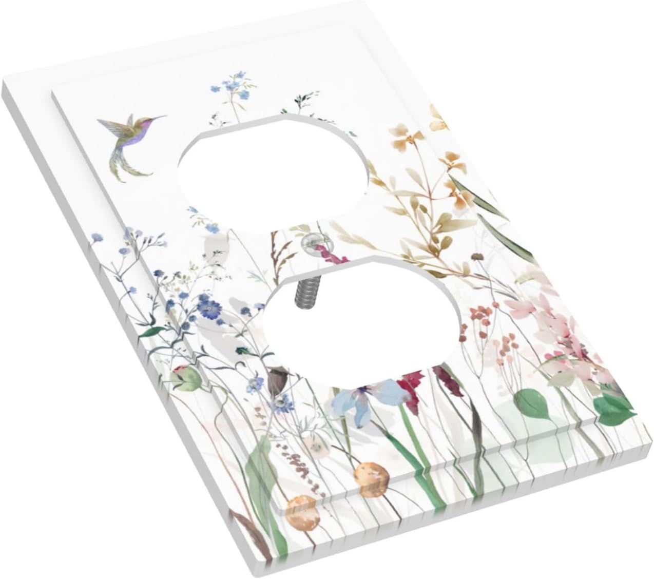 Wildflower Floral Bird Beige Blue Flower Watercolor Blossom Plant Duplex Outlet Cover Light Switch Wall Plate Decorative Electrical Switchplate Faceplate for Bathroom Kitchen Bedroom Decor 5 * 3