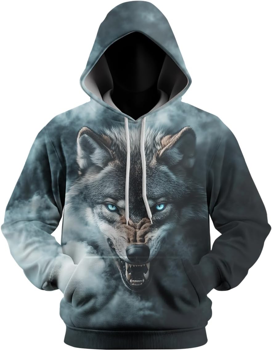 Mens Cool Animal Graphic Hoodies Wolf Printed Sweatshirt Hoodie Pullover with Pocket - Image 3