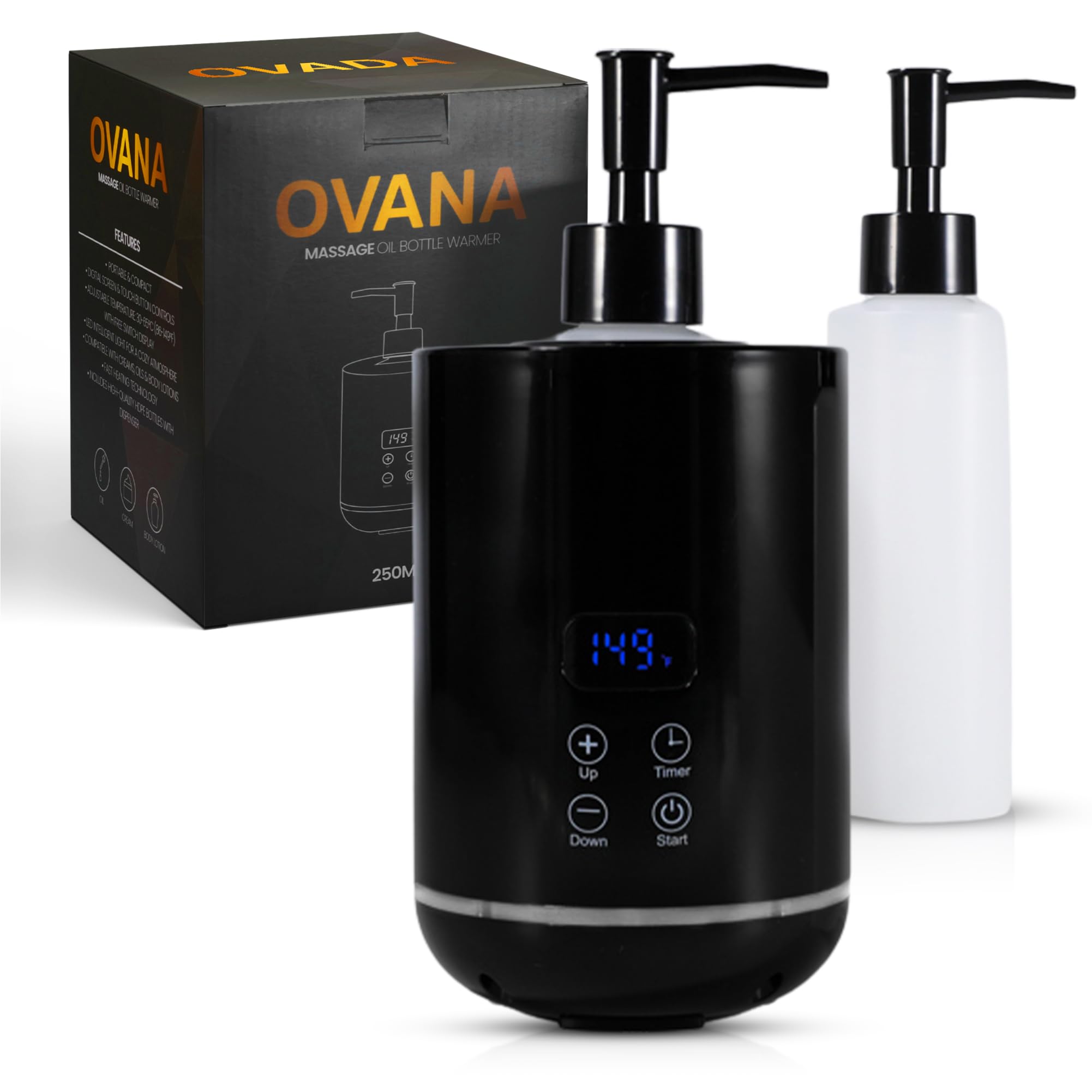 Massageöl Wärmer, 250 ml Kunststoff Flasche (2x), Fast-Heating Technologie (20 Min Aufheizen), Massageöl und ätherische Öle, Temperatur (30-65 Grad), Massage Wellness, stilvoller Erwärmer (Schwarz)