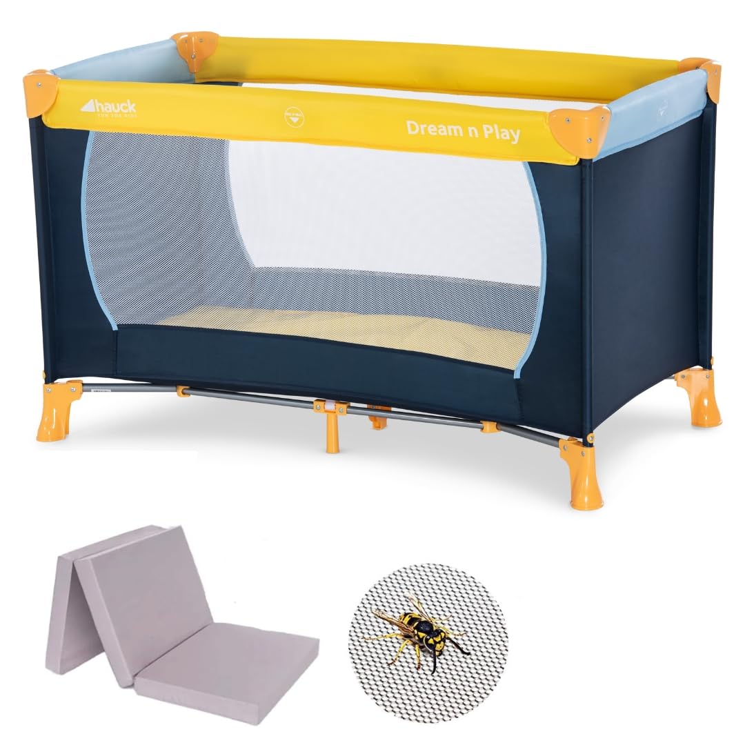 Hauck Baby Reisebett Set Dream N Play mit Matratze - faltbares Kinder Babyreisebett mit Tasche & Insektenschutz - Yellow Blue Navy