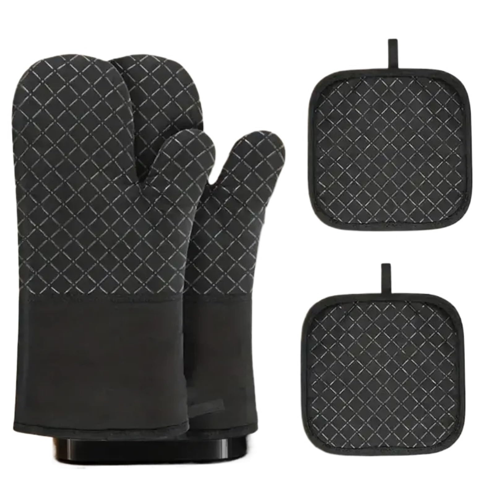 Juego de 4 Piezas Guantes for Horno y Almohadillas for sartenes, aislantes térmicos for Cocina 500 °F, Antideslizantes Silicona a Rayas for, Resistentes al Calor para Cocinar Y Preparar Postres