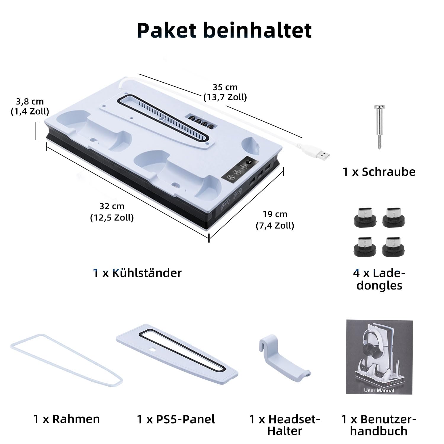 PS5/PS5 Slim/ps5 Pro Standfuß mit Lüfter - Ladestation für Dual Controller mit 3 USB Hubs - Vertikale Kühlstation mit 3 Stufen Kühler und Magnet Ladestecker für UHD & Digital Edition