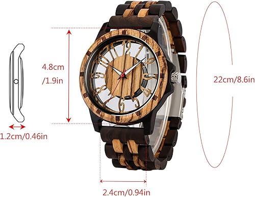 Miniatura 7 de Brown Deep Black Ebony Zebra Reloj de cuarzo de madera para hombre, correa de madera con cierre plegable para hombres